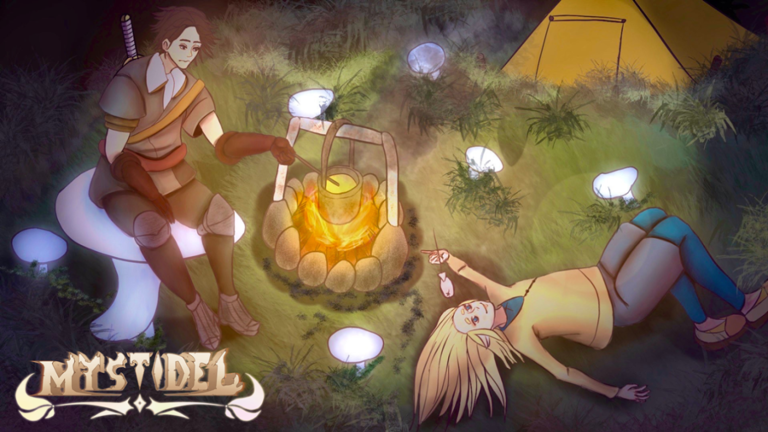 Cozy campground in a forest with adventurers.